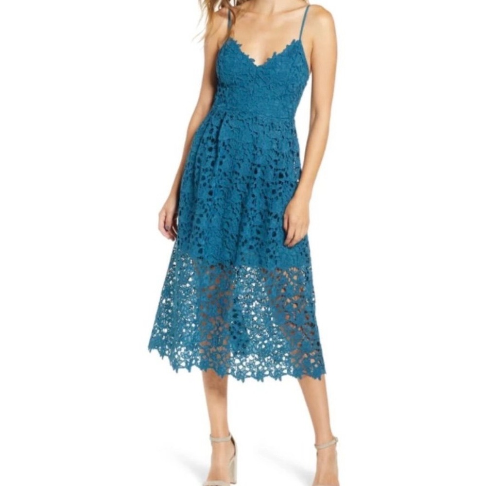 ASTR the Label Floral Lace Midi Dress Size M Teal Spring Wedding Guest Feminine
